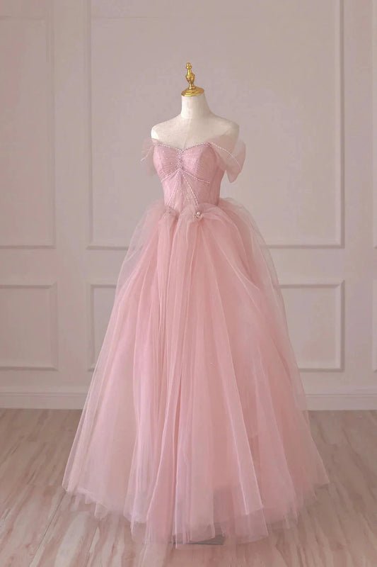 Pink Tulle Lace Long Formal Dress A-Line Off Shoulder Pink Prom Dress simple gentle atmospheric and unique desi Bring summer colors to enhance white by YiHuiw