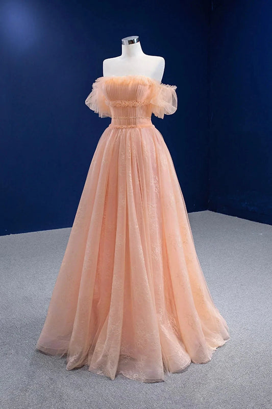 Pink Tulle Lace Strapless Prom Dress Pink A-Line Evening Party Dress simple gentle atmospheric and unique desi Bring summer colors to enhance white by YiHuiw