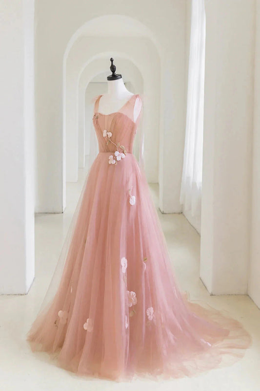 Pink Tulle Long A-Line Prom Dress Lovely Pink Evening Graduation Dress simple gentle atmospheric and unique desi Bring summer colors to enhance whitenes by YiHuiw