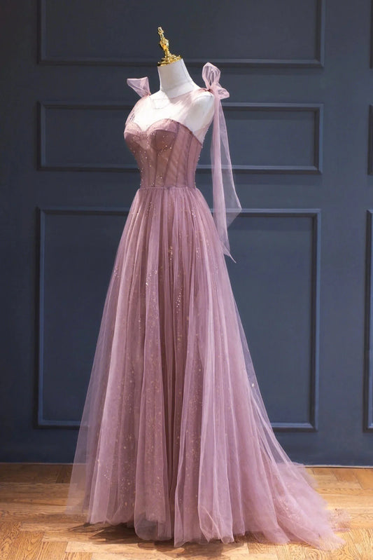 Pink Tulle Long A-Line Prom Dress Pink Evening Dress with Corset simple gentle atmospheric and unique desi Bring summer colors to enhance white by YiHuiw
