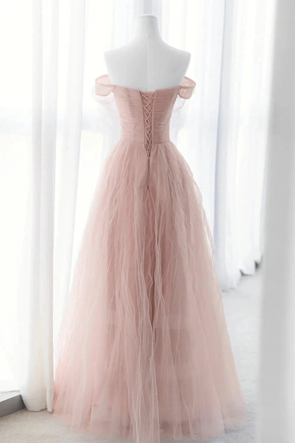 Pink Tulle Long A-Line Prom Dresses Pink Evening Dresses with Bow simple gentle atmospheric and unique desi Bring summer colors to enhance white by YiHuiw