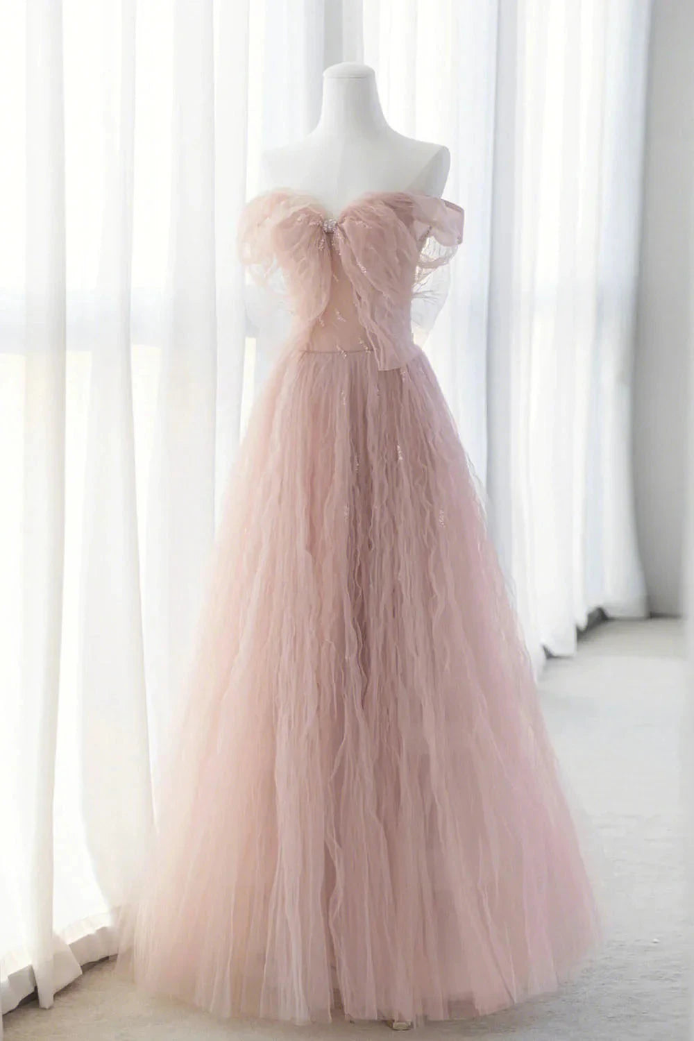 Pink Tulle Long A-Line Prom Dresses Pink Evening Dresses with Bow simple gentle atmospheric and unique desi Bring summer colors to enhance white by YiHuiw