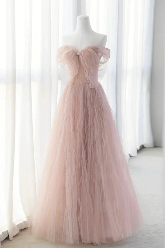 Pink Tulle Long A-Line Prom Dresses Pink Evening Dresses with Bow simple gentle atmospheric and unique desi Bring summer colors to enhance white by YiHuiw