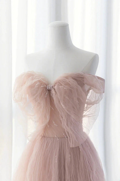 Pink Tulle Long A-Line Prom Dresses Pink Evening Dresses with Bow simple gentle atmospheric and unique desi Bring summer colors to enhance white by YiHuiw