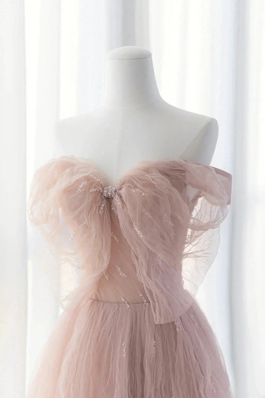 Pink Tulle Long A-Line Prom Dresses Pink Evening Dresses with Bow simple gentle atmospheric and unique desi Bring summer colors to enhance white by YiHuiw