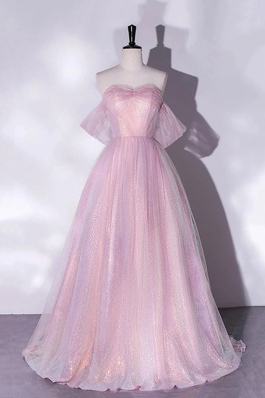 Pink Tulle Sequins Long Prom Dress,A-Line Formal Graduation Dress simple gentle atmospheric and unique desi Bring summer colors to enhance whiteness by YiHuiw