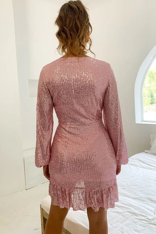 Pink Sequin Homecoming Dress with Long Sleeves and Wrap V-Neck