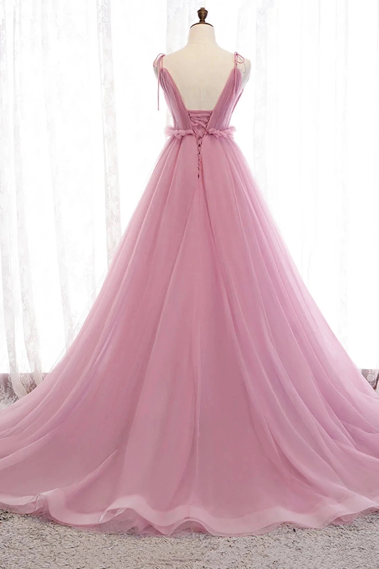 Pink V-Neck Tulle Long Prom Dress A-Line Formal Evening Dress simple gentle atmospheric and unique desi Bring summer colors to enhance whitenes by YiHuiw