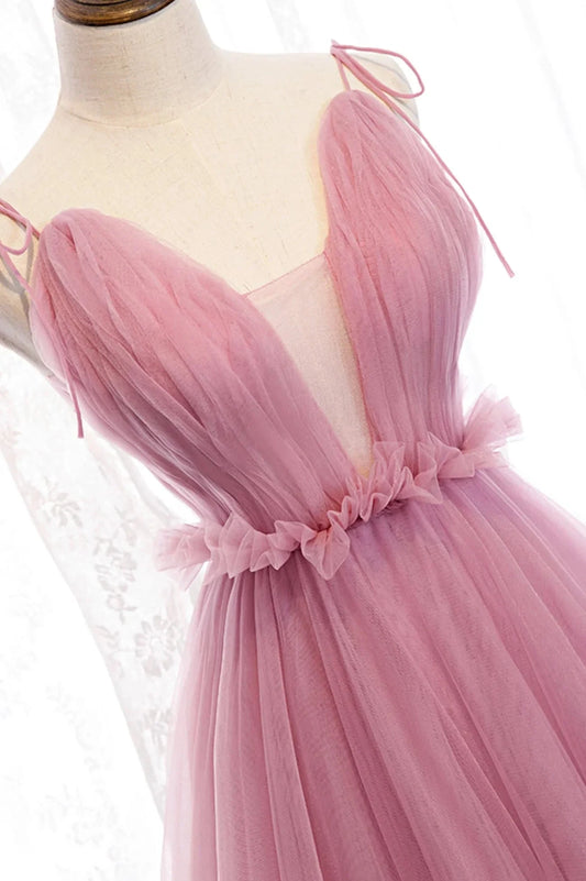 Pink V-Neck Tulle Long Prom Dress A-Line Formal Evening Dress simple gentle atmospheric and unique desi Bring summer colors to enhance whitenes by YiHuiw