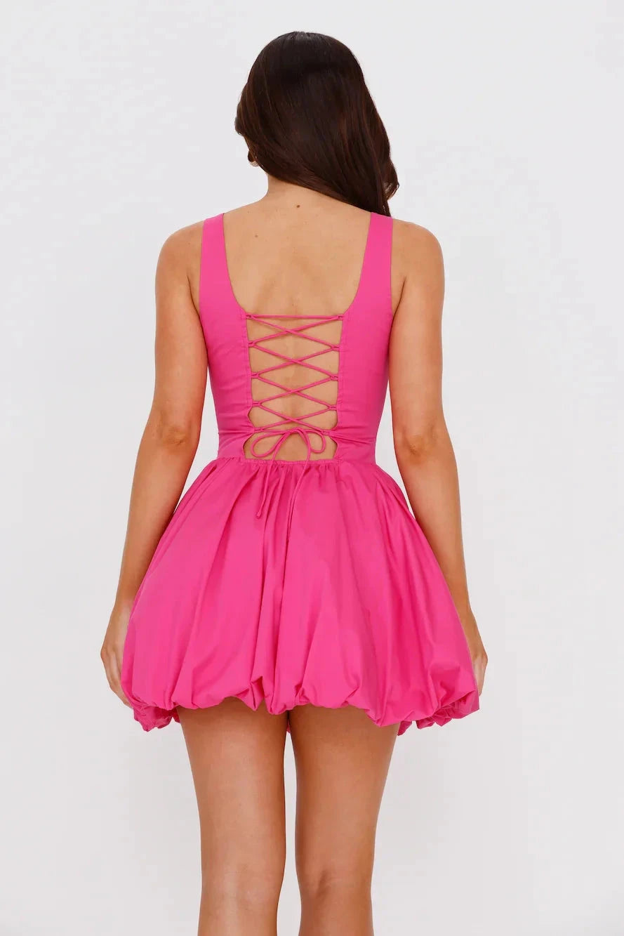 Pink camisole dress with square neckline and fluffy bubble like skirt, suitable for dates, parties, and other occasions by YiHuiw