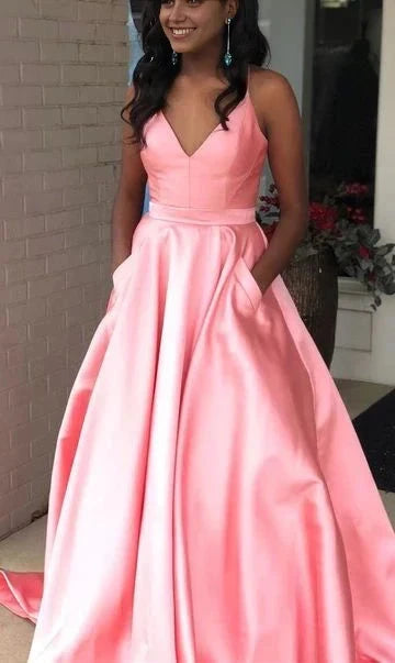 Pink camisole long dress with deep V-neckline and thin camisole design, cinched at the waist to highlight the curves of the figure, suitable for dinners, dances, etc by YiHuiw