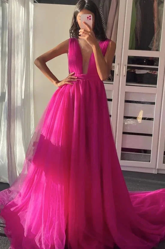 Pink chiffon dress with deep V-neck and sleeveless design suitable for dinners and other occasions by YiHuiw