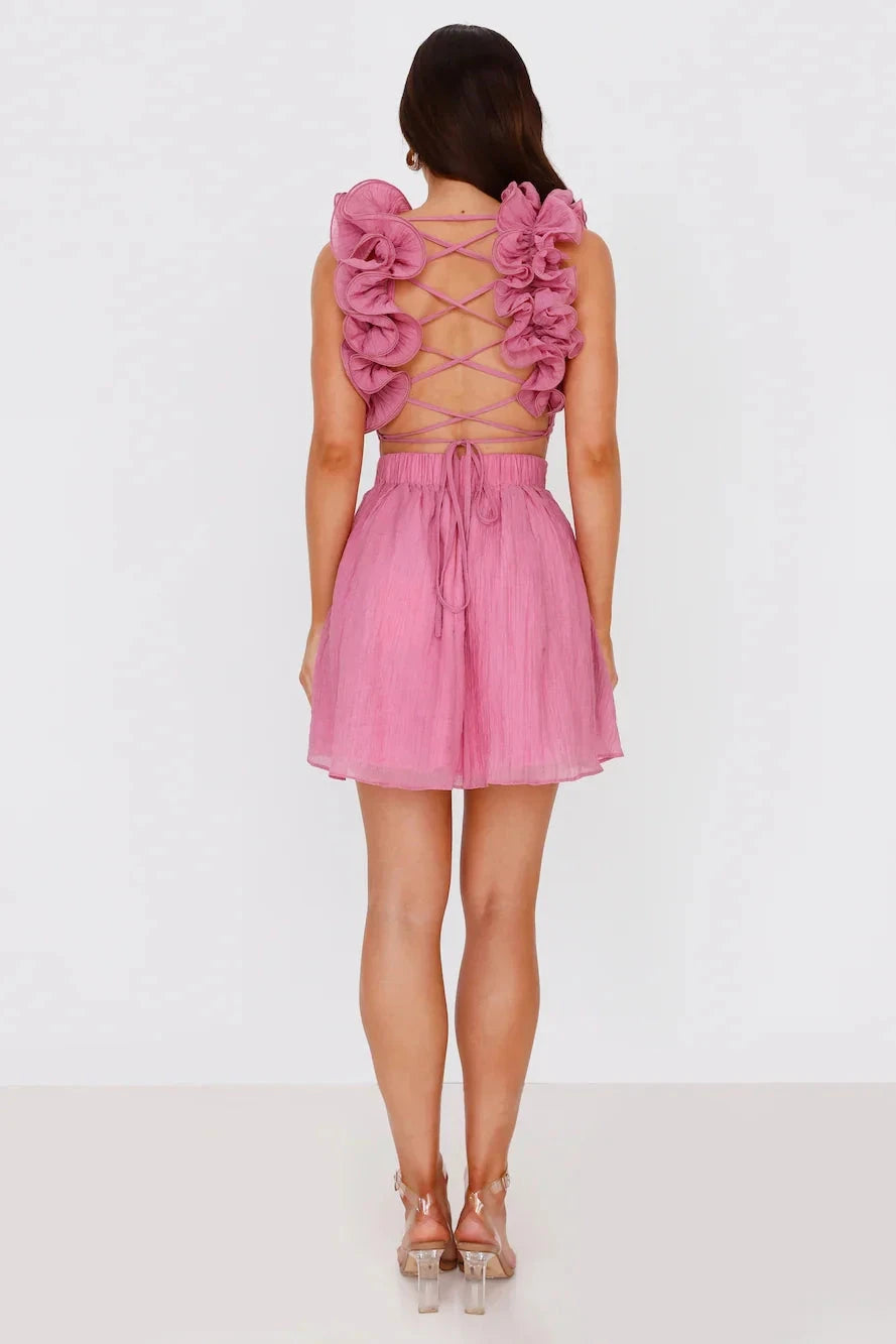 Pink deep V-neck dress with three-dimensional flower decorations on the shoulder straps, suitable for parties, dates, and other occasions by YiHuiw