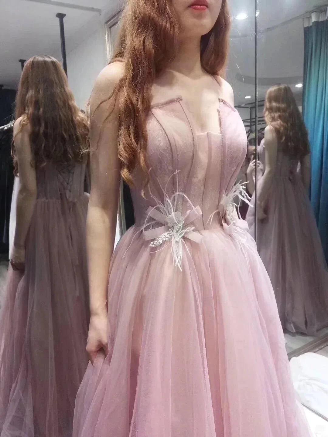 Pink dress deep V-neck with camisole lace upper suitable for dinners, dances and other occasions by YiHuiw