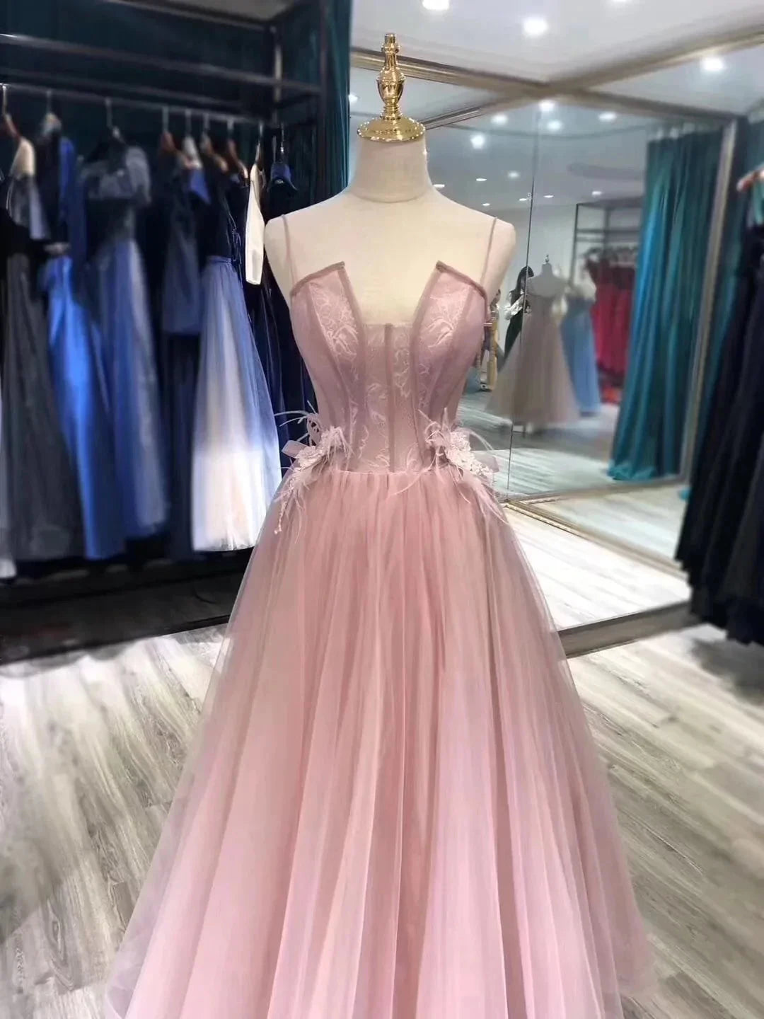 Pink dress deep V-neck with camisole lace upper suitable for dinners, dances and other occasions by YiHuiw