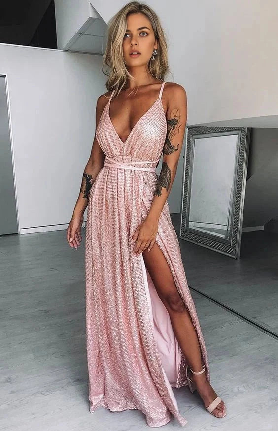 Pink long camisole dress with deep V-neckline suitable for dinners, parties, dances, etc by YiHuiw