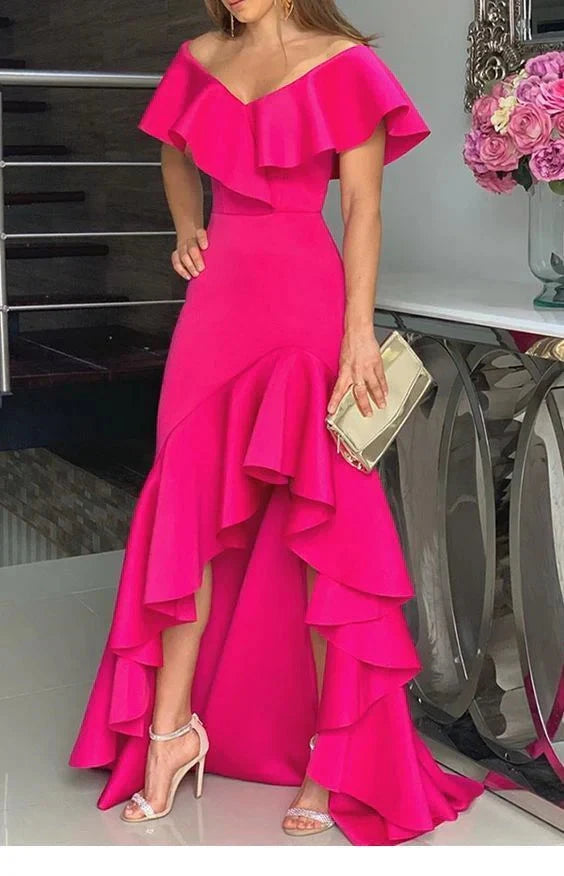 Pink long dress with one shoulder lotus leaf edge and V-neck, suitable for dinners, parties and other occasions by YiHuiw