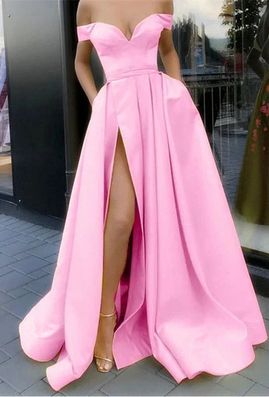 Pink off shoulder long dress dress, off shoulder with heart-shaped neckline, suitable for dinners, red carpets, etc by YiHuiw