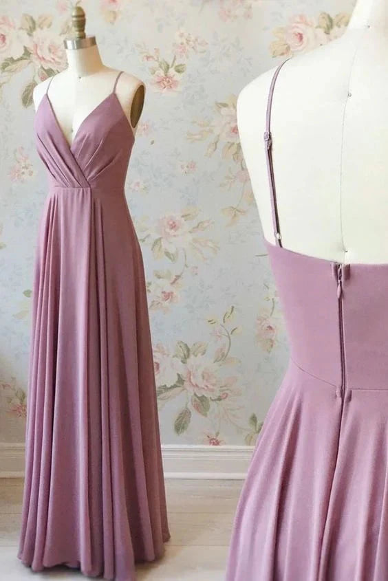 Pink purple long dress with deep V-neck straps and cross pleated design suitable for dinners, weddings, and other occasions by YiHuiw