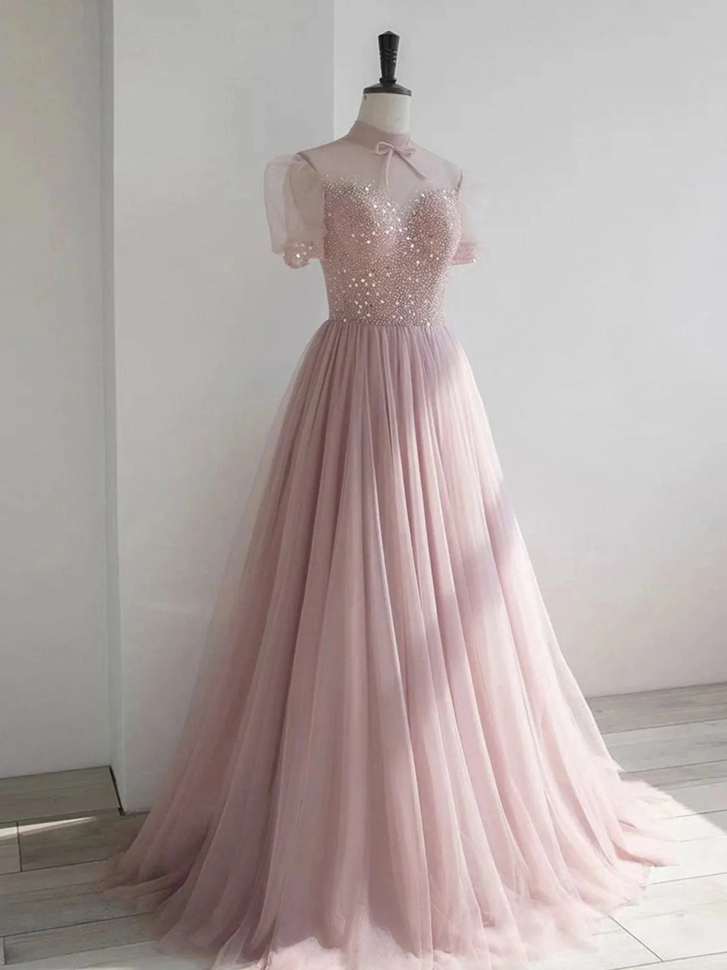 Pink round neck tulle sequin long prom dress pink tulle formal dress simple gentle atmospheric and unique desi Bring summer colors to enhance whitenes by YiHuiw