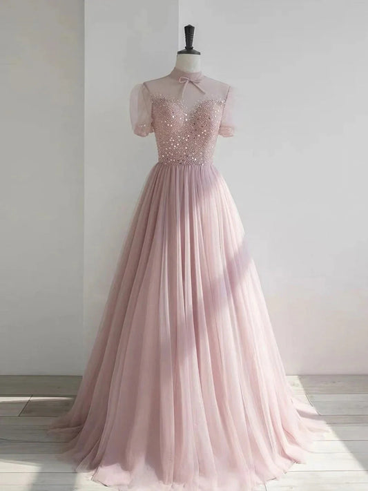 Pink round neck tulle sequin long prom dress pink tulle formal dress simple gentle atmospheric and unique desi Bring summer colors to enhance whitenes by YiHuiw