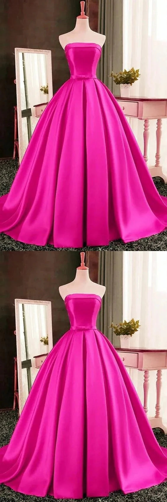 Pink satin dress with strapless design, high waist and bow belt suitable for dinners, dances and other occasions by YiHuiw