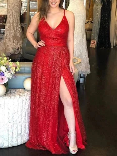 Red sequined camisole dress, deep V-neck, high waist design, split skirt suitable for dinner parties by YiHuiw