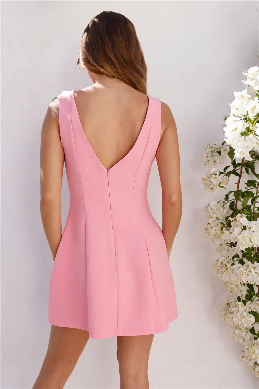 Pink sleeveless short dress with round neck design suitable for daily outings, dates, etc by YiHuiw