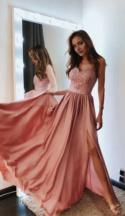 Pink suspender long dress with delicate lace patterns on the upper body, suitable for formal occasions such as dinners and parties by YiHuiw