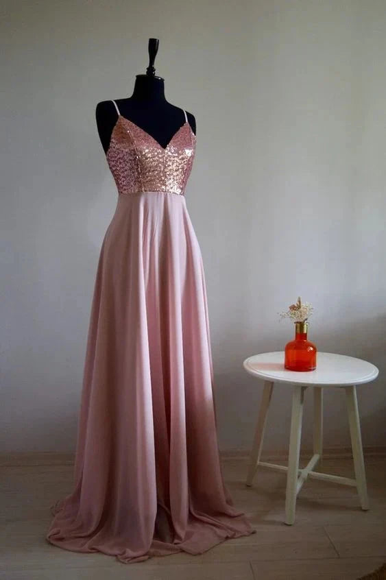 Pink suspender long dress with sequins on the upper body, suitable for dinners, parties, etc by YiHuiw