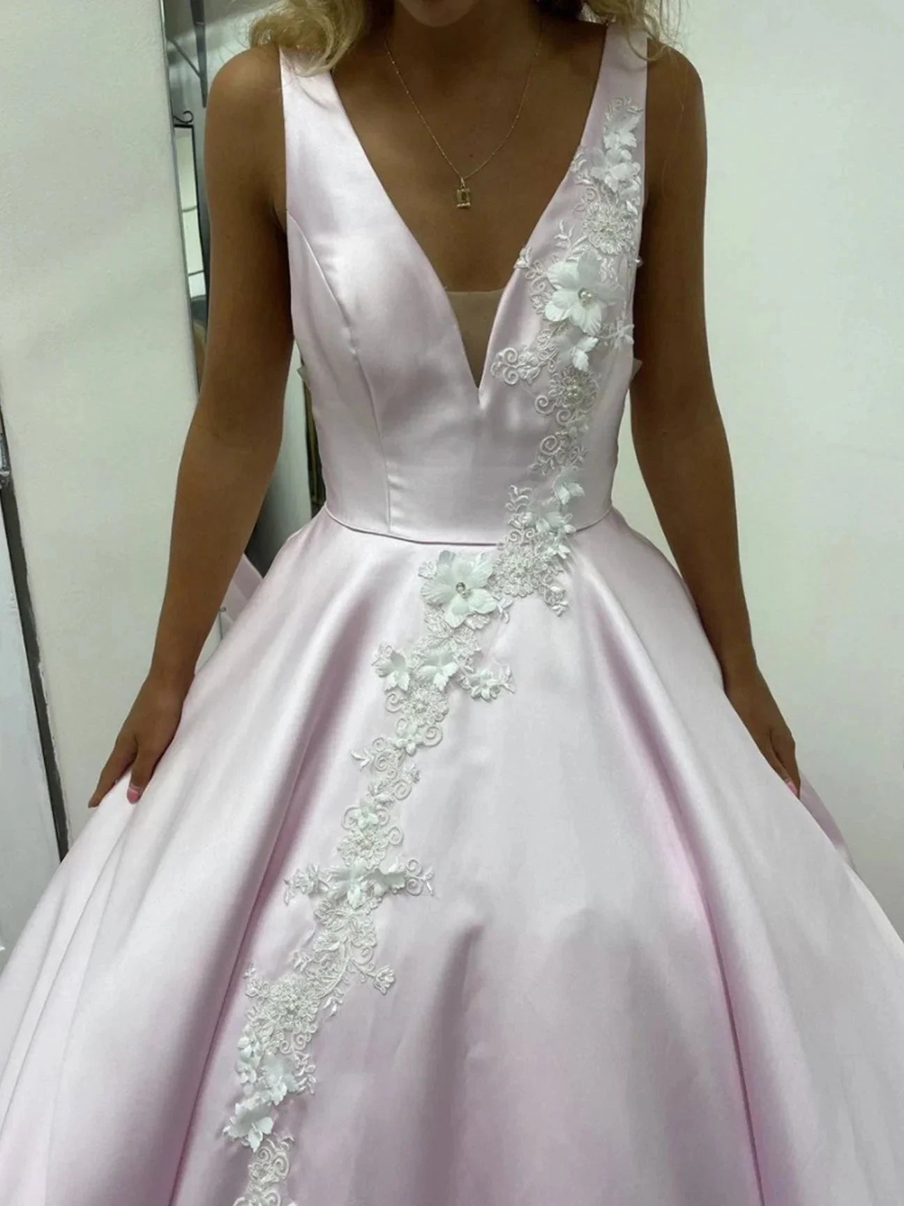 Pink v neck satin lace long prom dress pink lace evening dress simple gentle atmospheric and unique desi Bring summer colors to enhance whitenes by YiHuiw