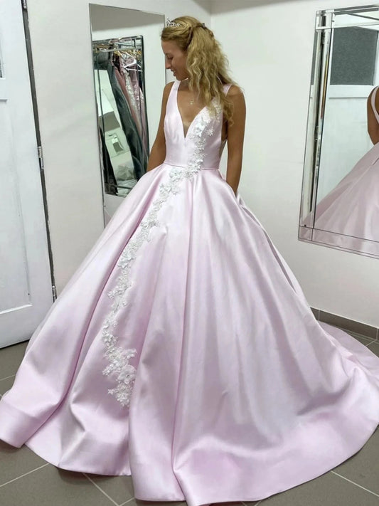Pink v neck satin lace long prom dress pink lace evening dress simple gentle atmospheric and unique desi Bring summer colors to enhance whitenes by YiHuiw
