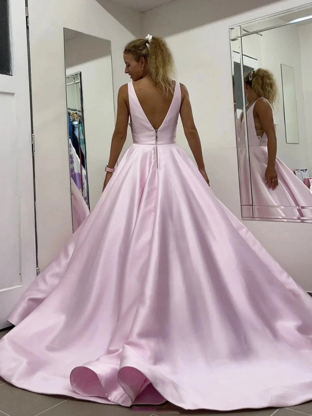 Pink v neck satin lace long prom dress pink lace evening dress simple gentle atmospheric and unique desi Bring summer colors to enhance whitenes by YiHuiw