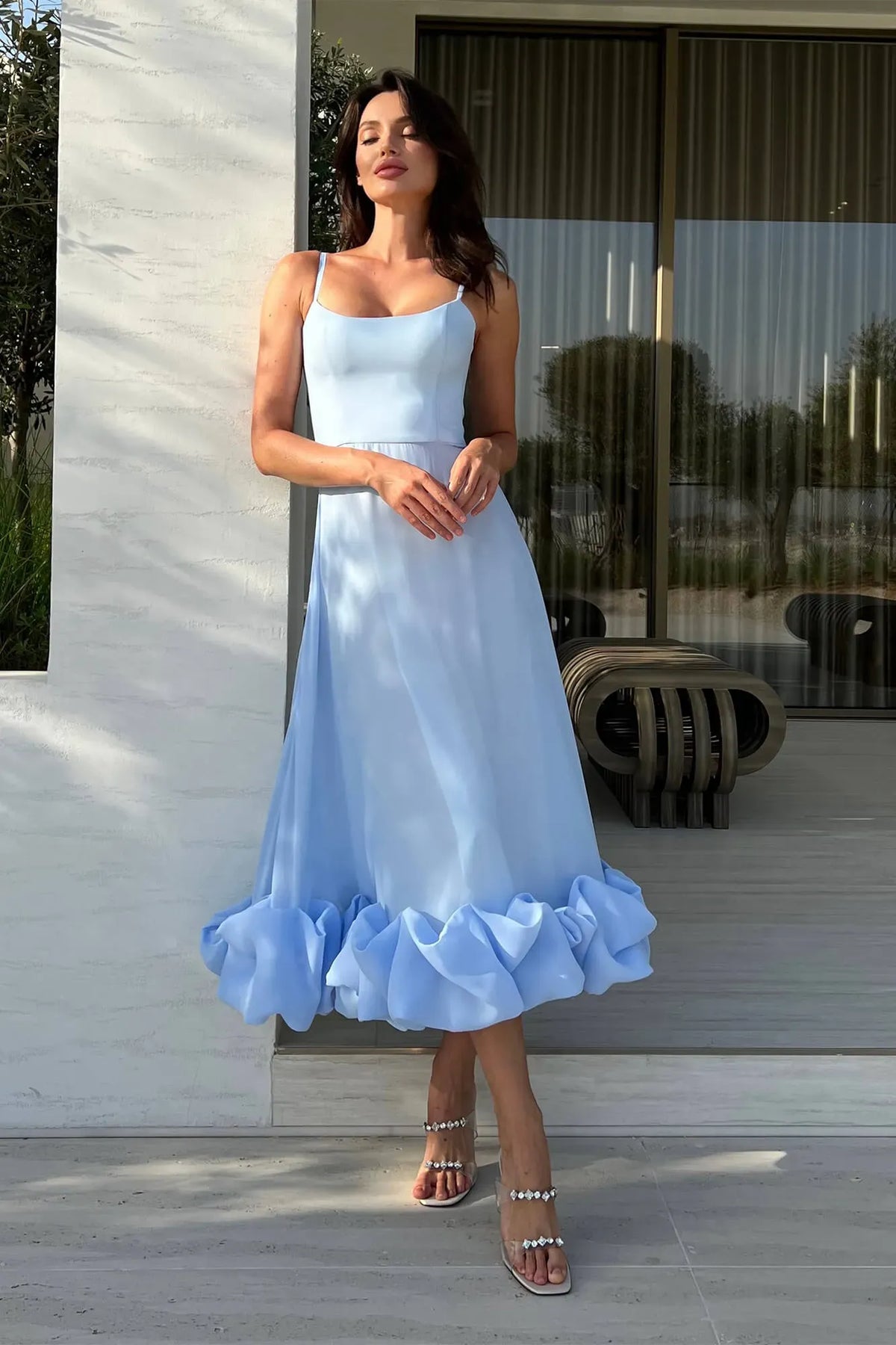 Spaghetti Strap Ruffled Midi Wedding Dress - Yihuiw by Yihuiw