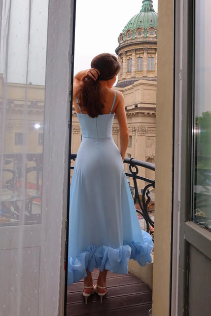 Spaghetti Strap Ruffled Midi Wedding Dress - Yihuiw by Yihuiw