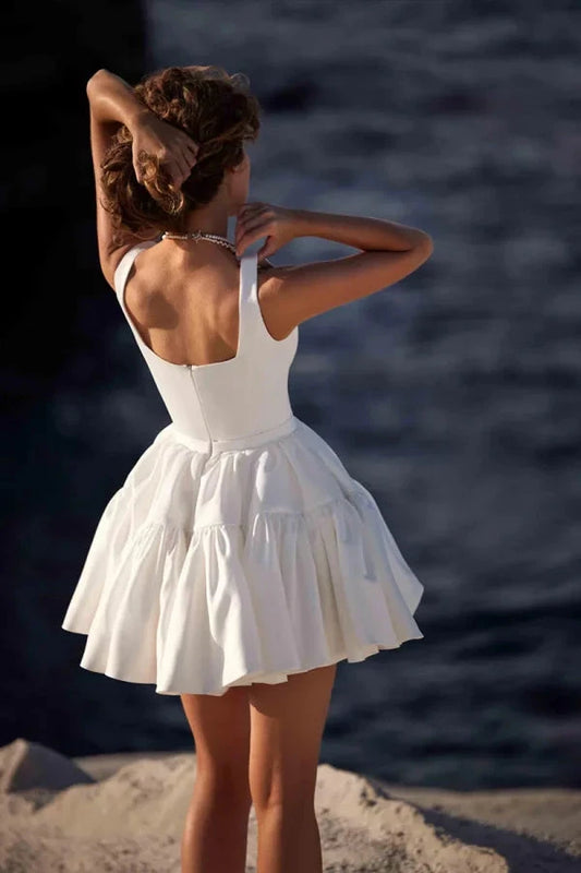 Playful Satin Mini A-Line Square-Neck Tiered-Skirt Low-Back Wedding Dress by YiHuiw
