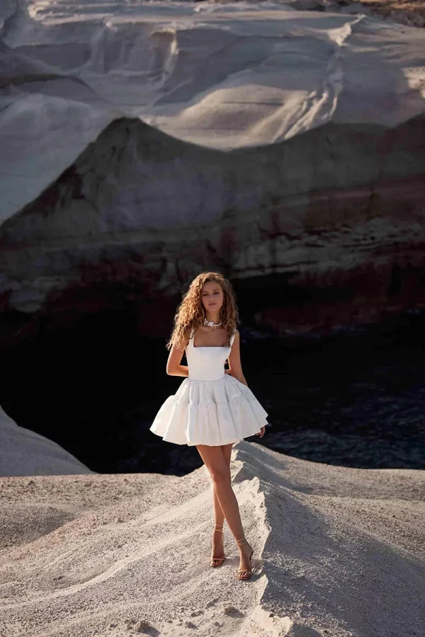 Playful Satin Mini A-Line Square-Neck Tiered-Skirt Low-Back Wedding Dress by YiHuiw