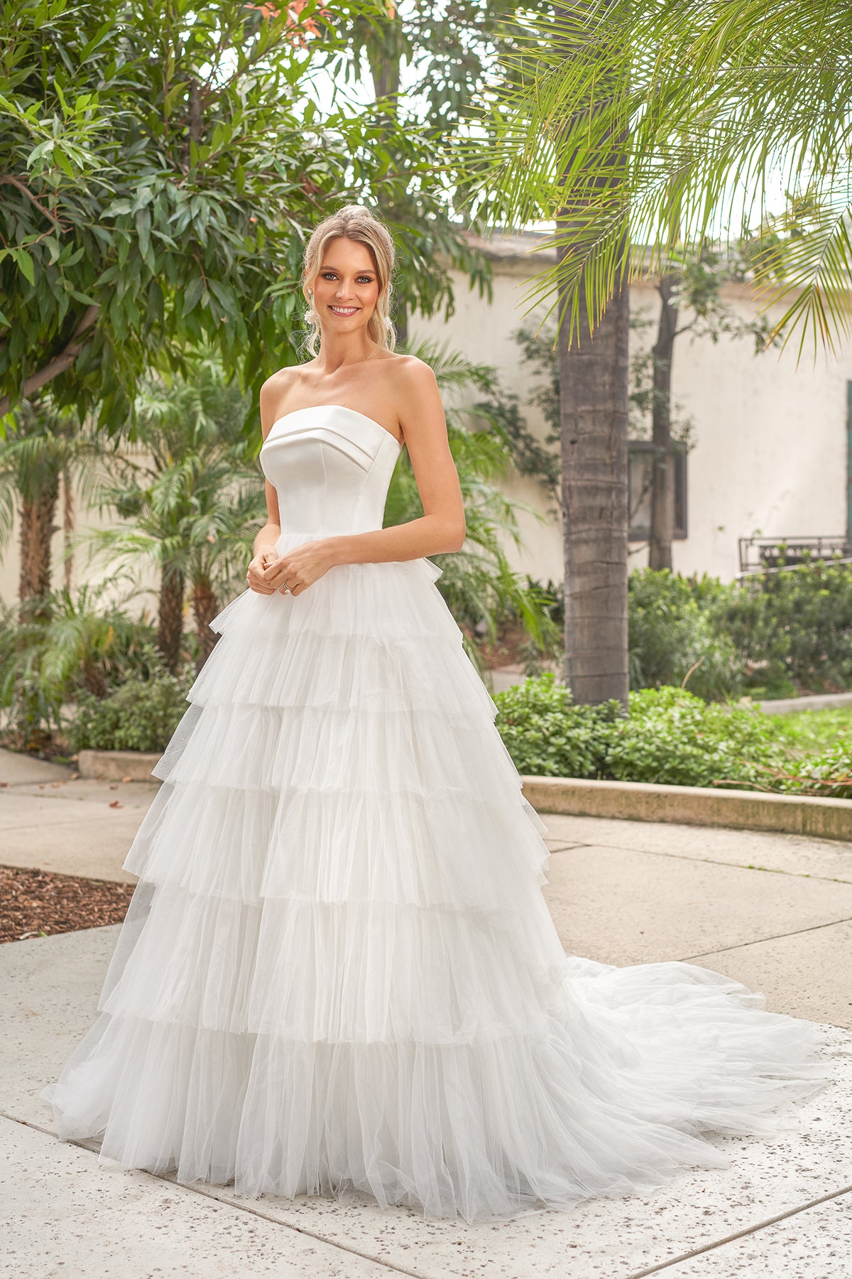 Playful Tulle Ballgown Strapless Cowl-Neck Tiered-Skirt Low-Back Train Wedding Dress