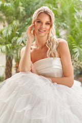 Playful Tulle Ballgown Strapless Cowl-Neck Tiered-Skirt Low-Back Train Wedding Dress
