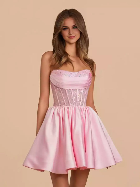 Playful and elegant satin A-line off shoulder slim fit short sequined sleeveless lace up back Homecoming Dresses