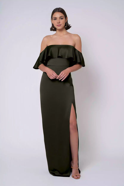Vestidos de dama de honor de satén lujoso, divertidos y elegantes, sin tirantes, con cuello tipo tubo, hombros descubiertos y bordes de volantes