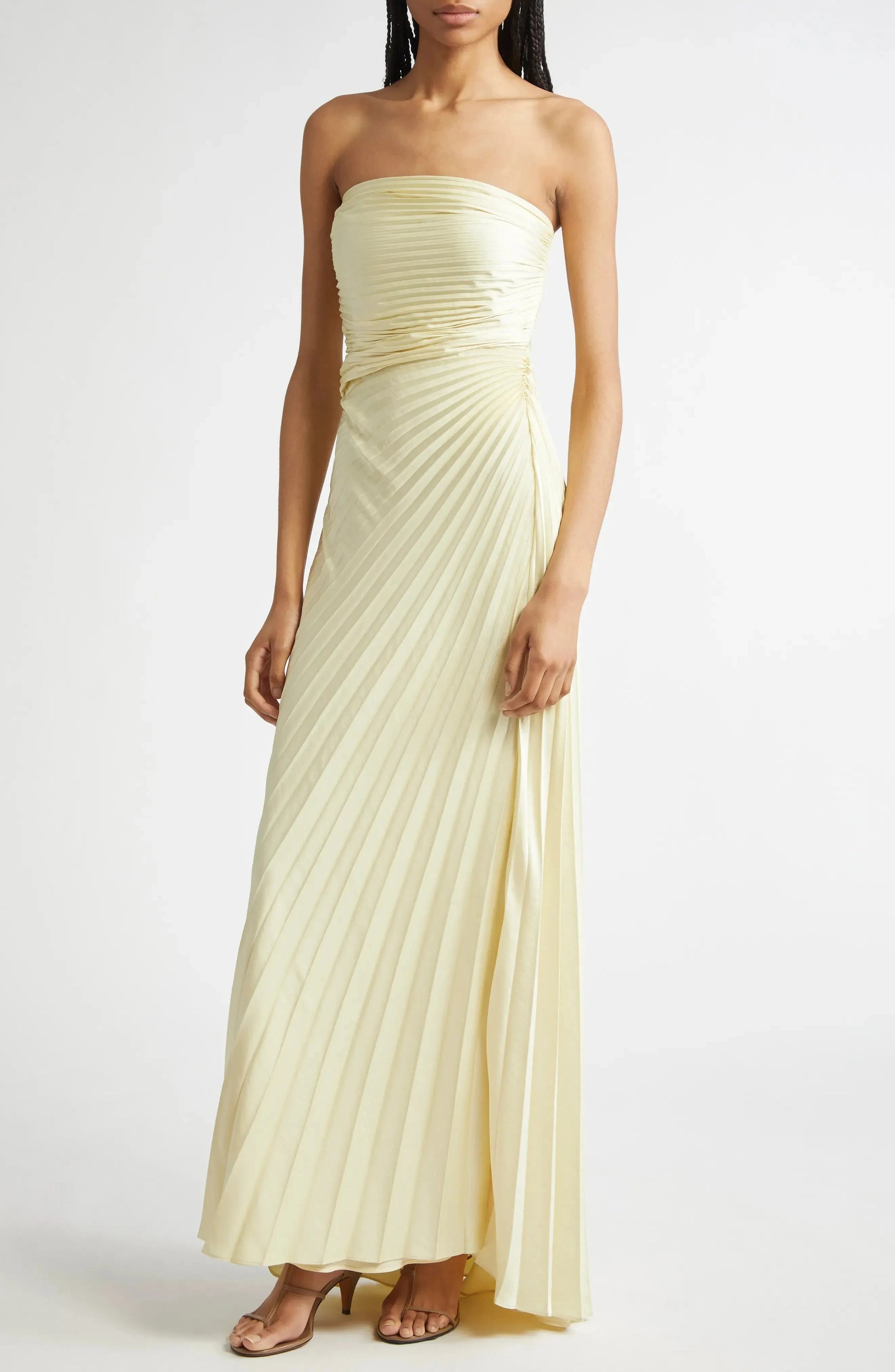 Pleat Detailed A Line Strapless Sleeveless Zipper Back Floor Length For Women Evening Dress by YiHuiw