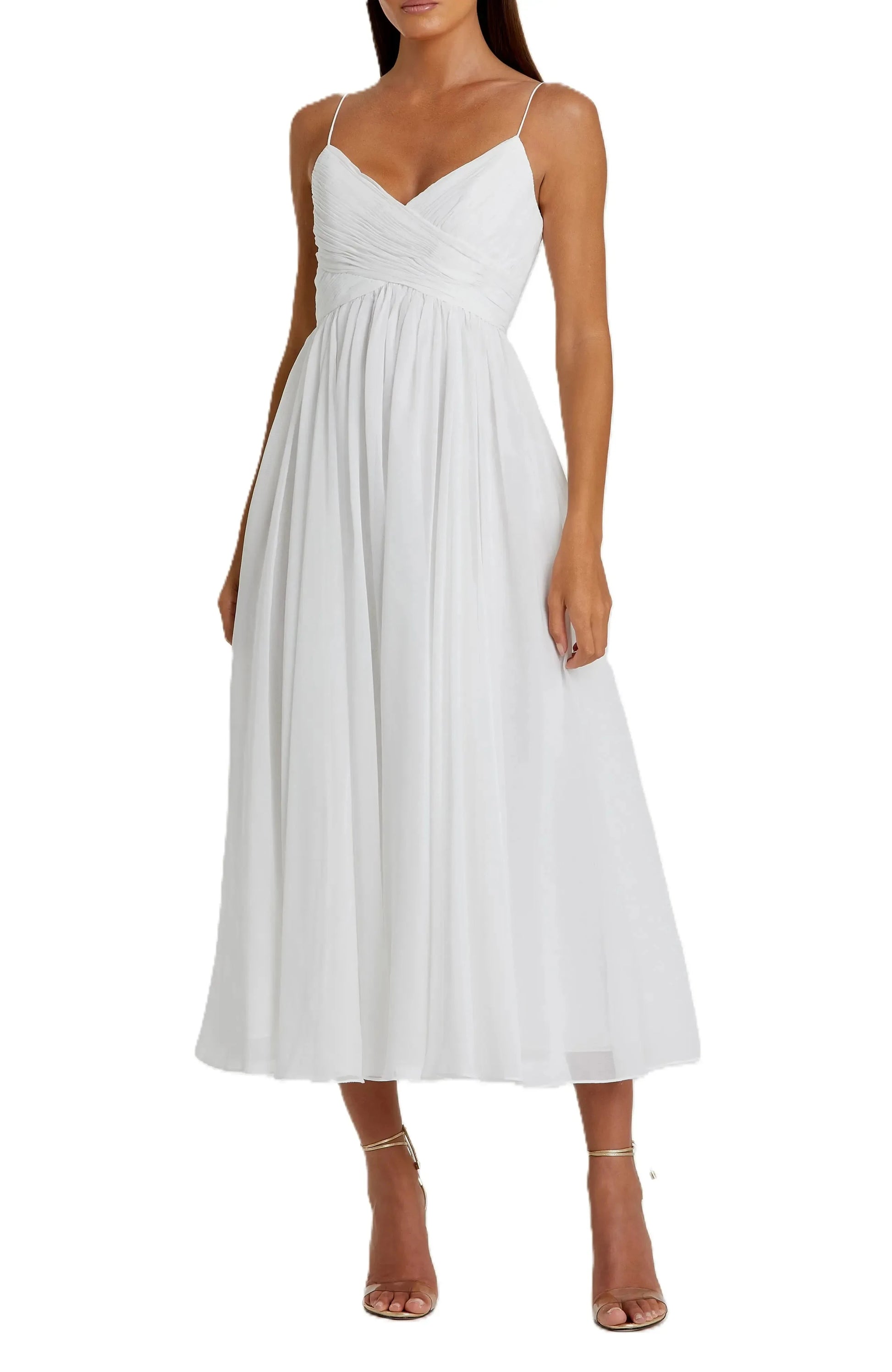 Pleated A Line Deep V Neck Spaghetti Strap Open Back Midi Length For Women Evening Dress by YiHuiw