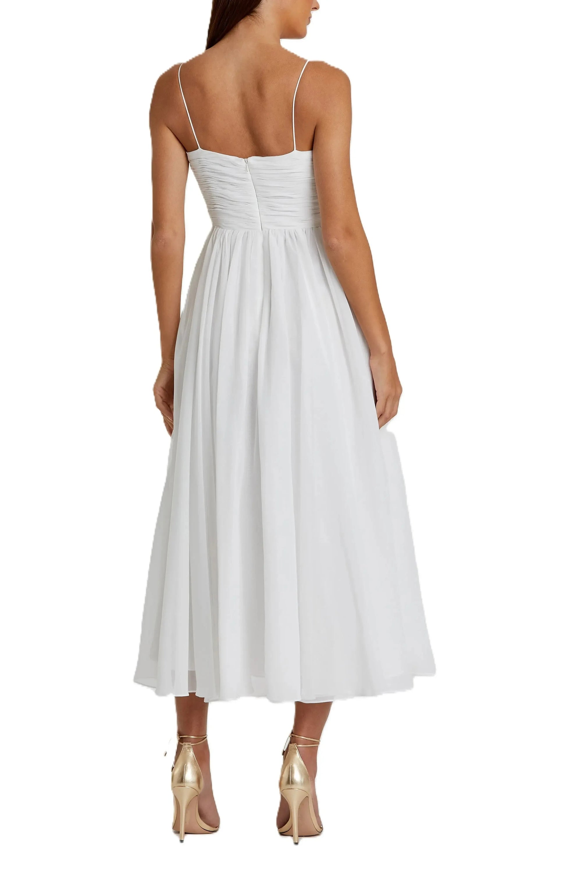 Pleated A Line Deep V Neck Spaghetti Strap Open Back Midi Length For Women Evening Dress by YiHuiw