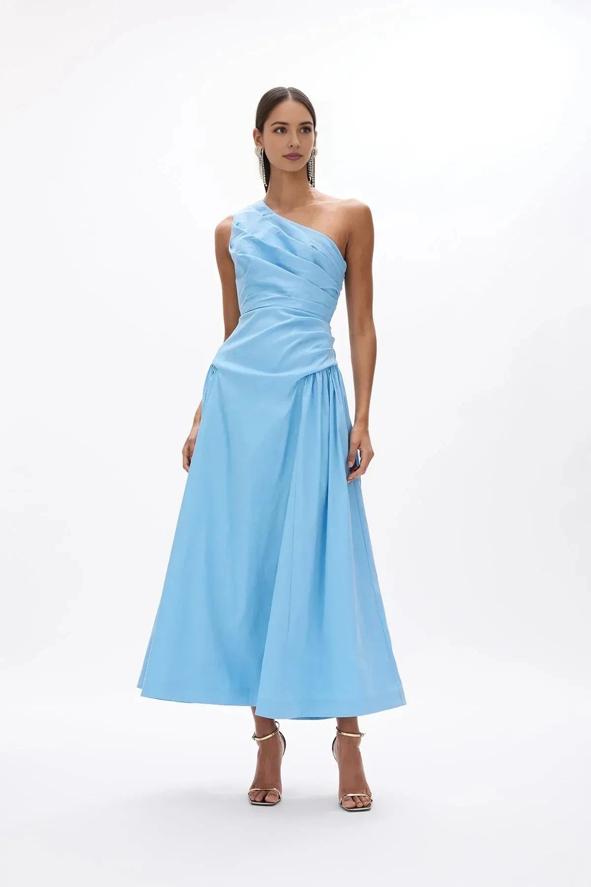 Pleated A Line One Shoulder Sleeveless Zipper Back Midi Length For Sale Prom Dress by YiHuiw