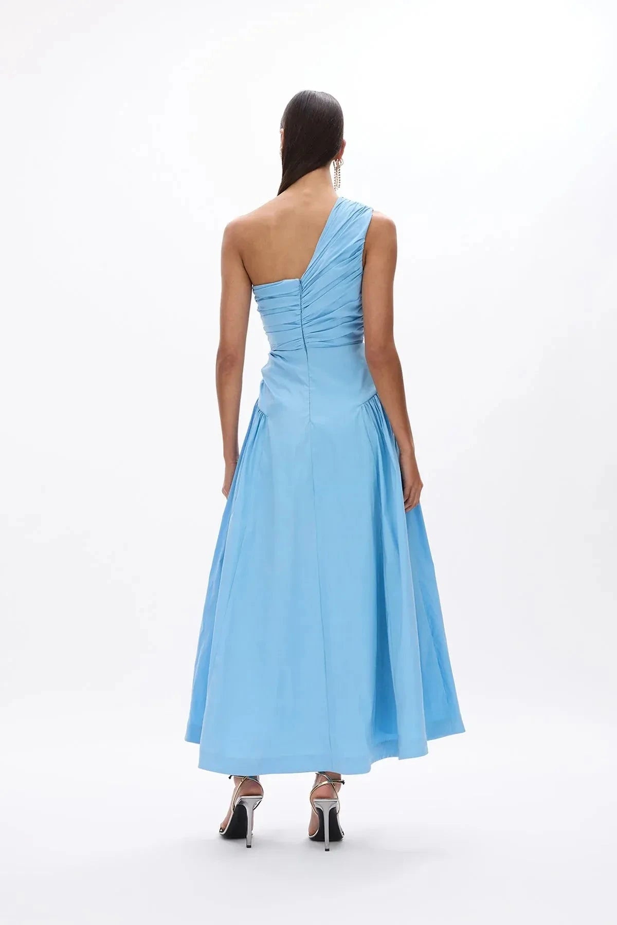 Pleated A Line One Shoulder Sleeveless Zipper Back Midi Length For Sale Prom Dress by YiHuiw