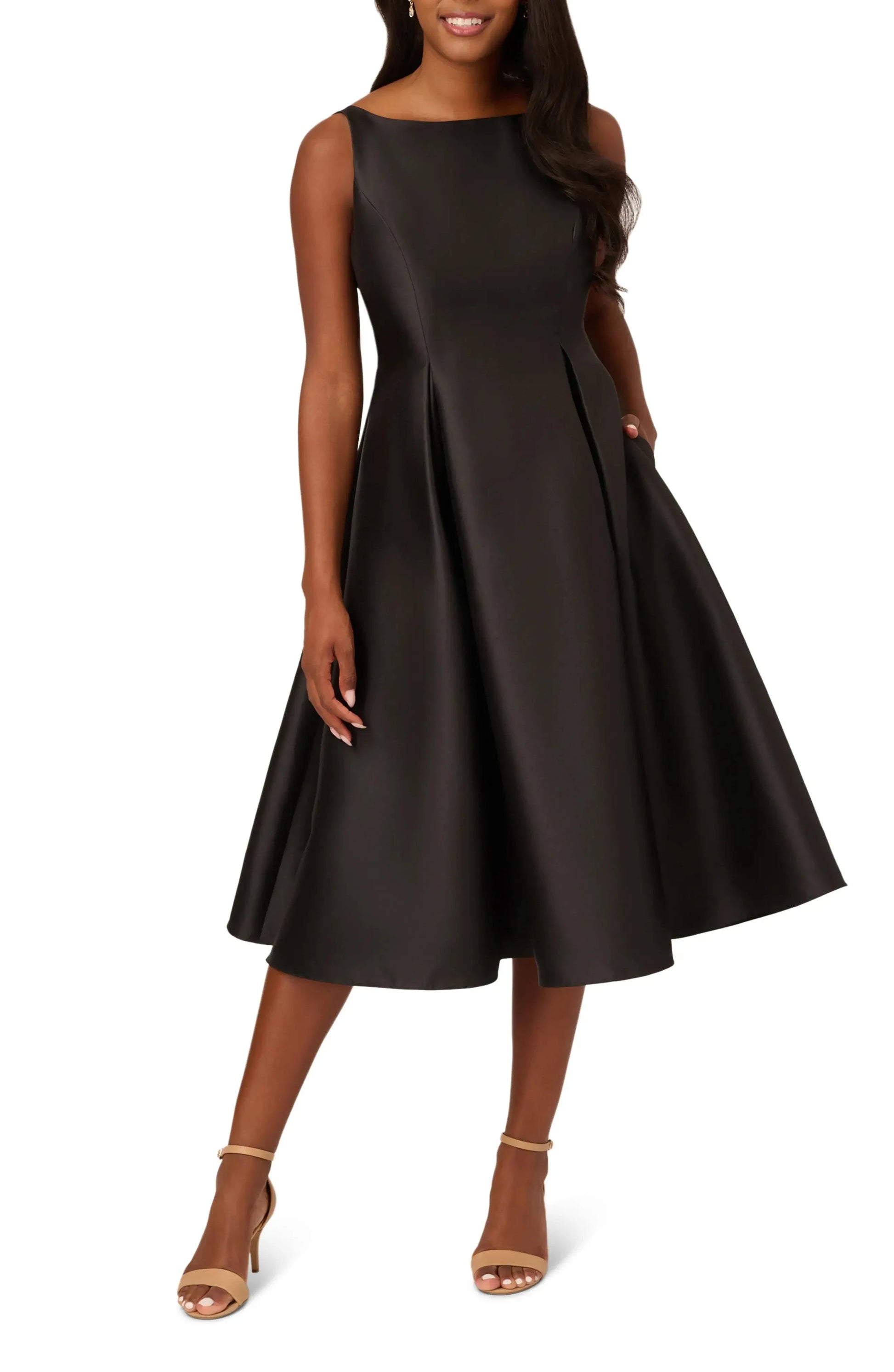 Pleated Fit and Flare Crew Neck Sleeveless V Back Midi Length For Ladies Evening Dress by YiHuiw