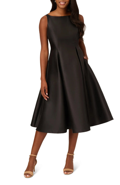 Pleated Fit and Flare Crew Neck Sleeveless V Back Midi Length For Ladies Evening Dress by YiHuiw