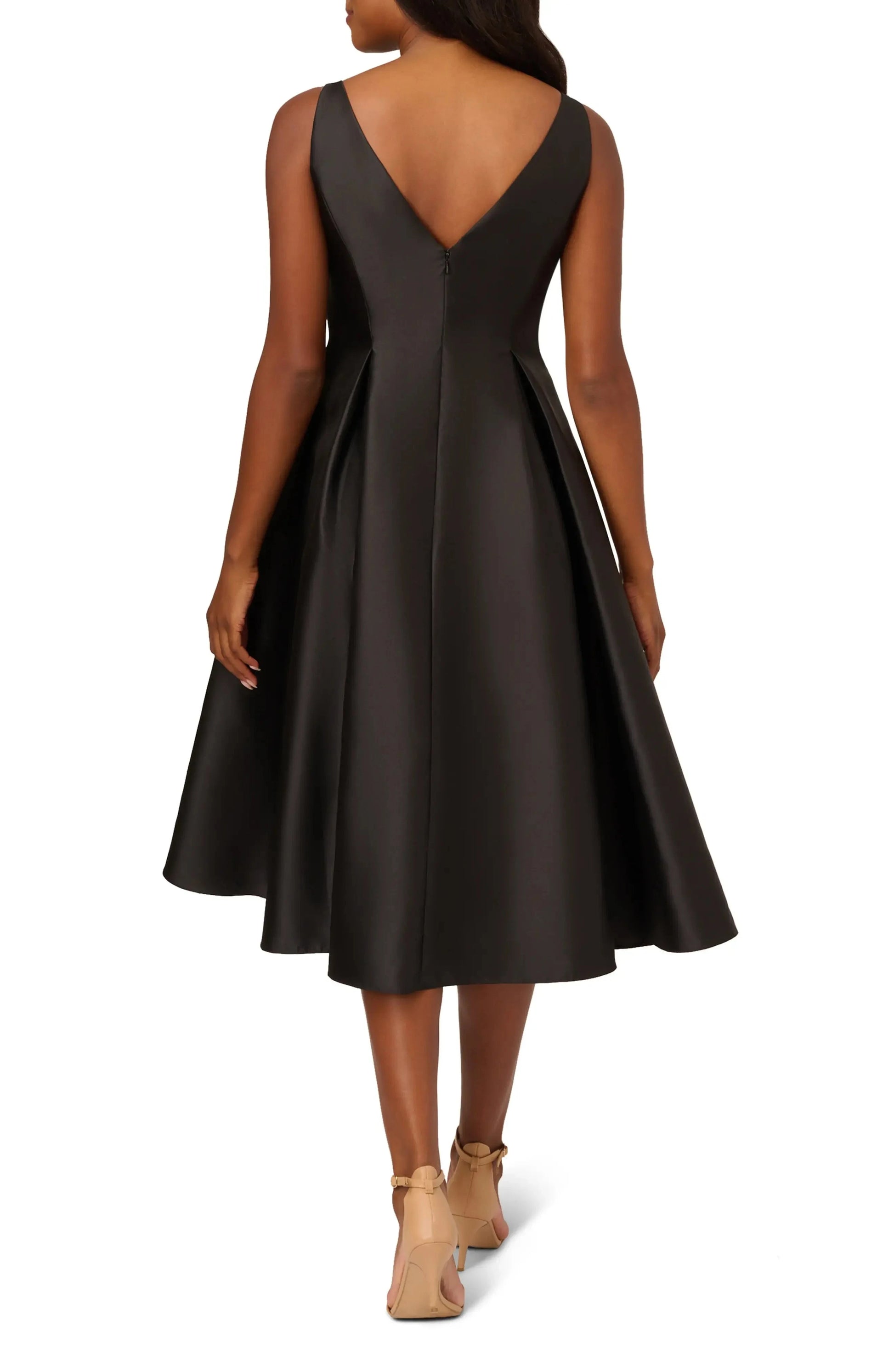 Pleated Fit and Flare Crew Neck Sleeveless V Back Midi Length For Ladies Evening Dress by YiHuiw