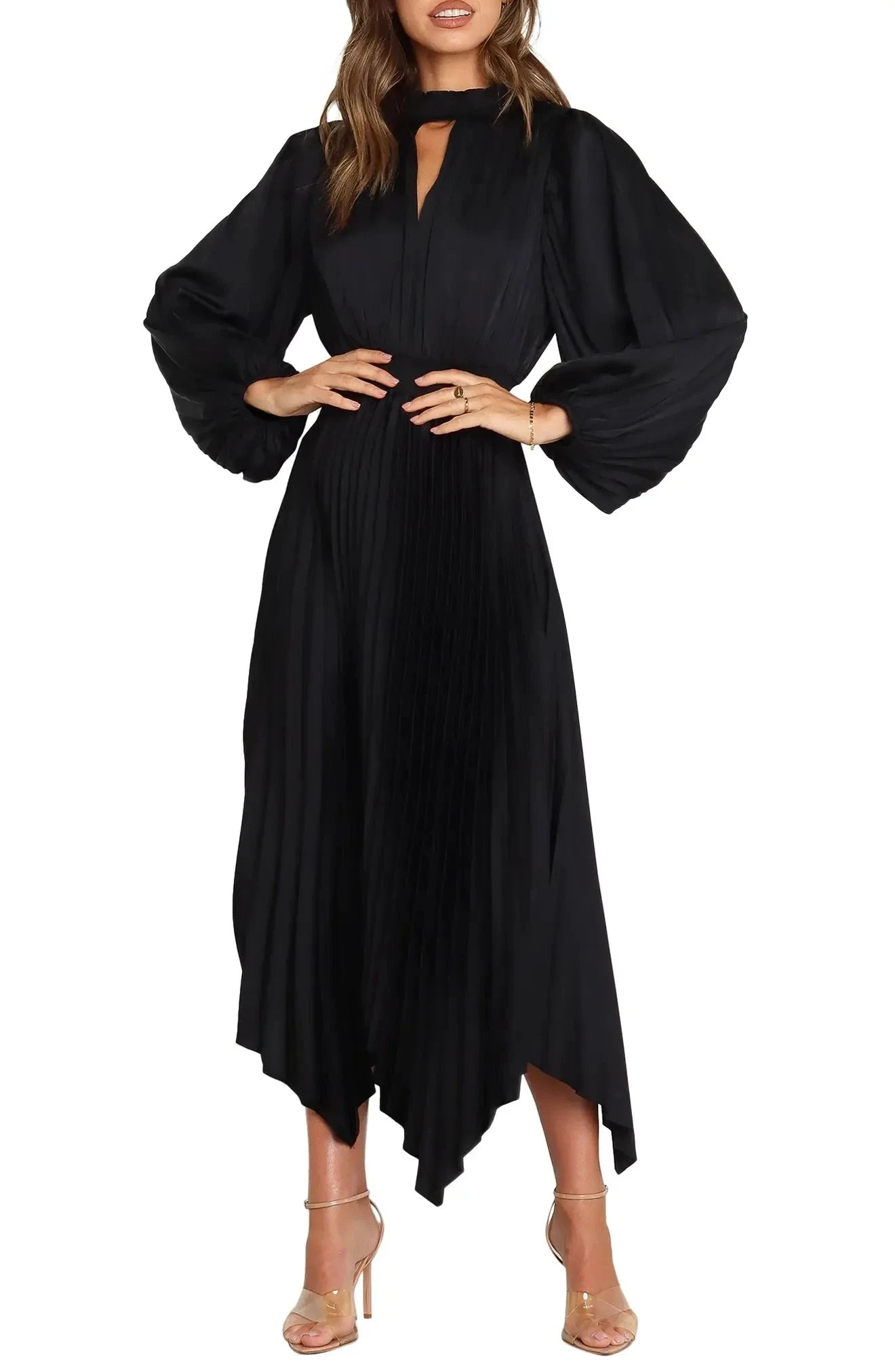 Pleated Flowy Keyhole Neck Puff Sleeve Cutout Back High Low Length For Sale Evening Dress by YiHuiw